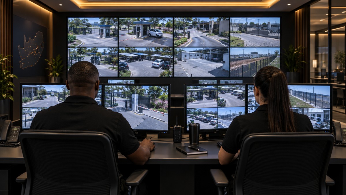 Illustrative CCTV control room with operators and surveillance screens