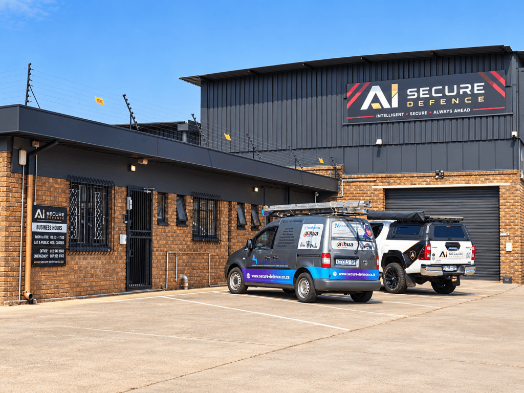 Secure Defence premises and branded service vehicles at 353 Derdepoort Road, Silverton, Pretoria