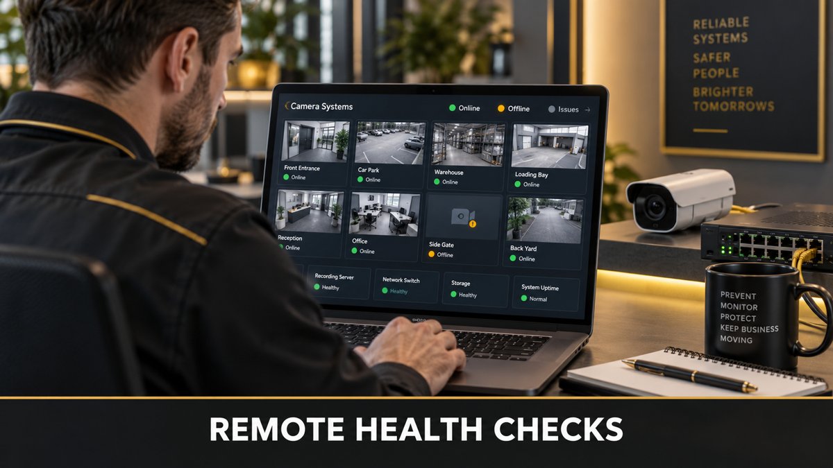 Illustrative technician checking camera and network equipment health