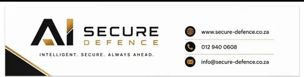 Secure Defence logo and contact details in black, white and gold