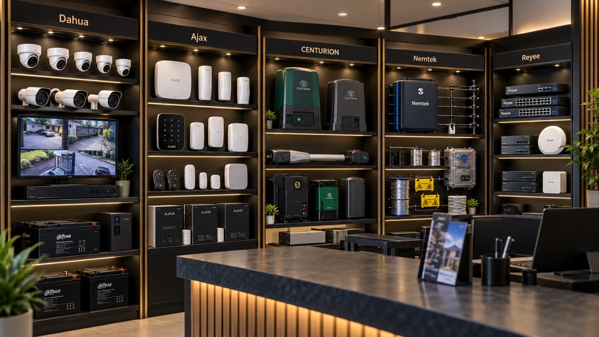 Illustrative security equipment showroom featuring Dahua, Ajax, Centurion, Nemtek and Reyee