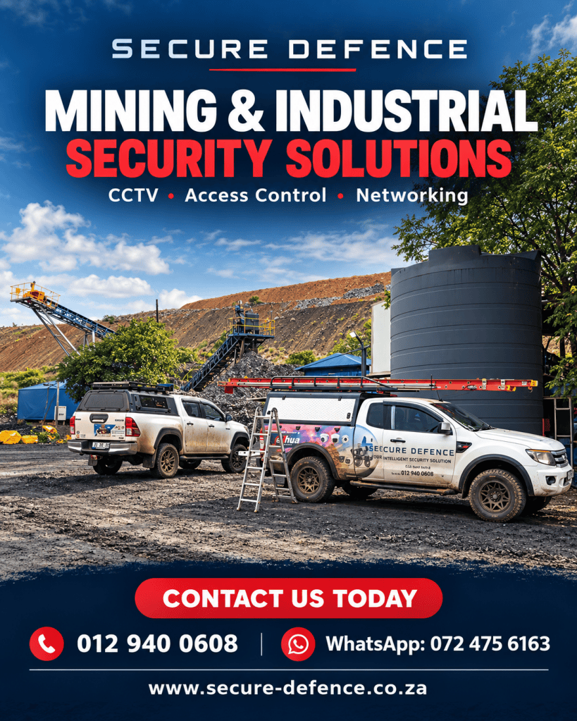 Secure Defence mining and industrial security advert showing two branded service vehicles at a mine. CCTV, access control and networking. Call 012 940 0608 or WhatsApp 072 475 6163.